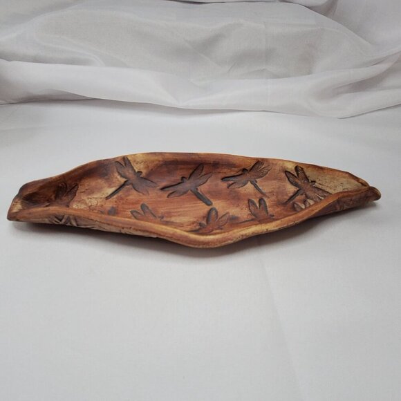 Hand-made Pottery Dragonfly Leaf-Shaped Jewelry Trinket Tray Dish 9.5" Long - Picture 4 of 14